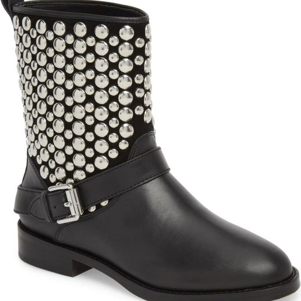 Rebecca Minkoff Saida studded black leather moto boots size 6